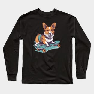 Corgi dog riding a skateboard Long Sleeve T-Shirt